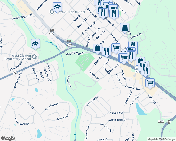 map of restaurants, bars, coffee shops, grocery stores, and more near 505 Holding Street in Clayton