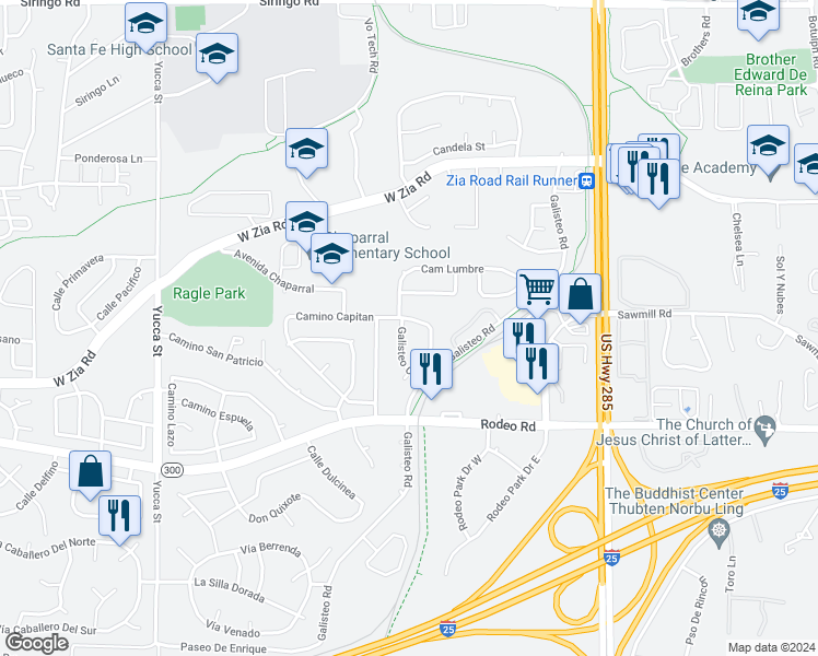 map of restaurants, bars, coffee shops, grocery stores, and more near 2716 Galisteo Court in Santa Fe