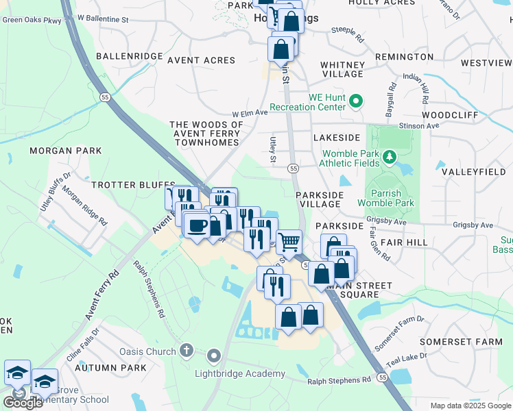 map of restaurants, bars, coffee shops, grocery stores, and more near 741 Avent Ferry Road in Holly Springs
