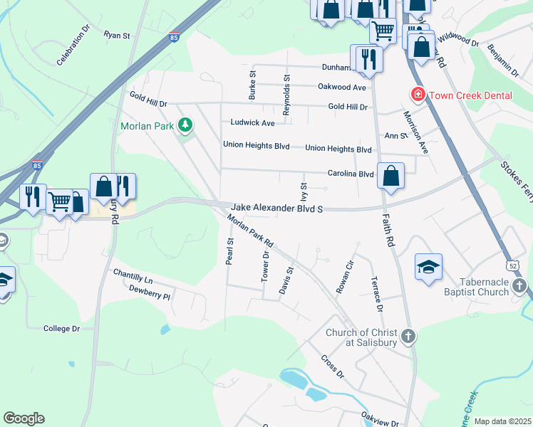 map of restaurants, bars, coffee shops, grocery stores, and more near 2035 Jake Alexander Boulevard South in Salisbury