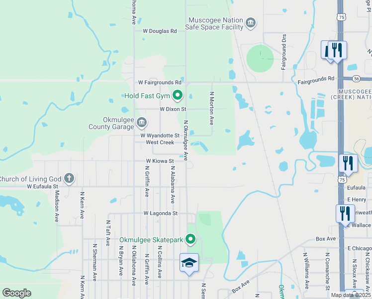 map of restaurants, bars, coffee shops, grocery stores, and more near 405 Yuchi in Okmulgee