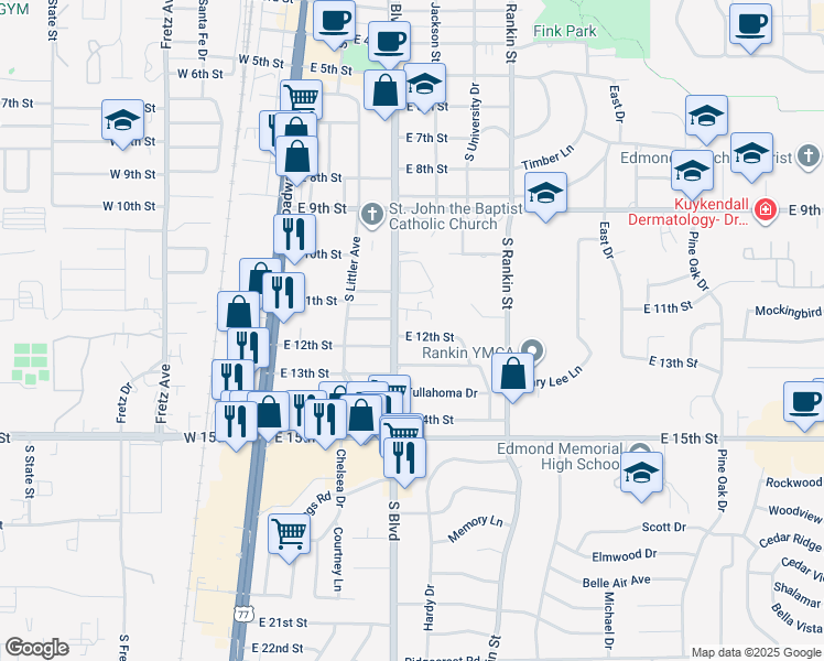 map of restaurants, bars, coffee shops, grocery stores, and more near 211 East 12th Street in Edmond