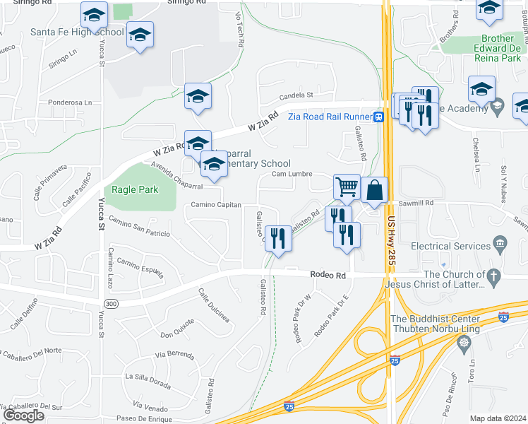 map of restaurants, bars, coffee shops, grocery stores, and more near 2388 Camino Capitan in Santa Fe