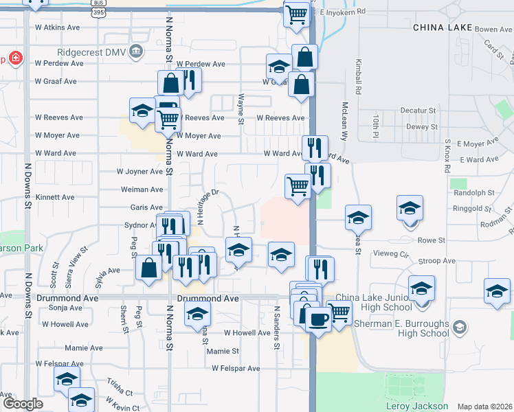 map of restaurants, bars, coffee shops, grocery stores, and more near 1130 North Yosemite Lane in Ridgecrest