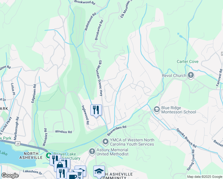 map of restaurants, bars, coffee shops, grocery stores, and more near 49 French Willow Drive in Asheville