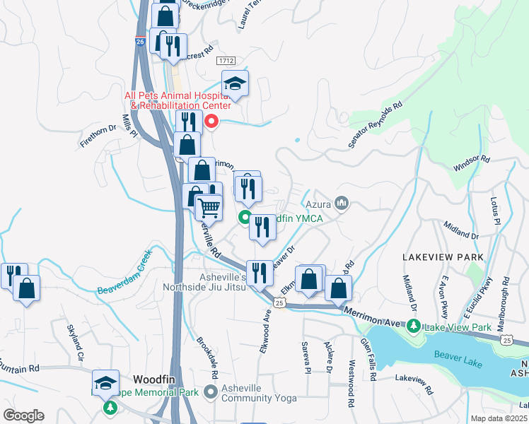 map of restaurants, bars, coffee shops, grocery stores, and more near 61 North Merrimon Avenue in Asheville