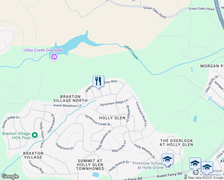 map of restaurants, bars, coffee shops, grocery stores, and more near 104 Winter Ridge Drive in Holly Springs