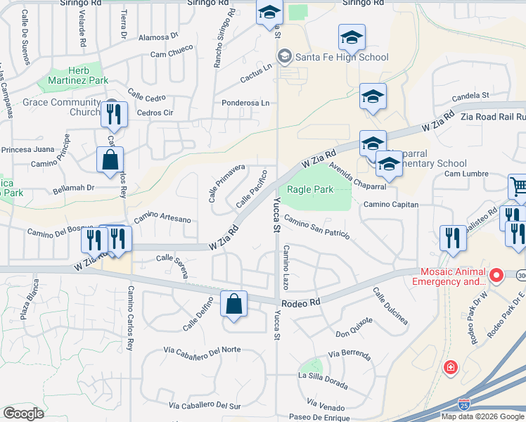 map of restaurants, bars, coffee shops, grocery stores, and more near 2600 B10 West Zia Road in Santa Fe