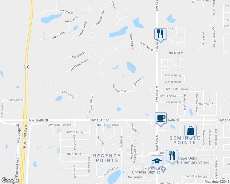 map of restaurants, bars, coffee shops, grocery stores, and more near 16805 Rainwater Trail in Edmond