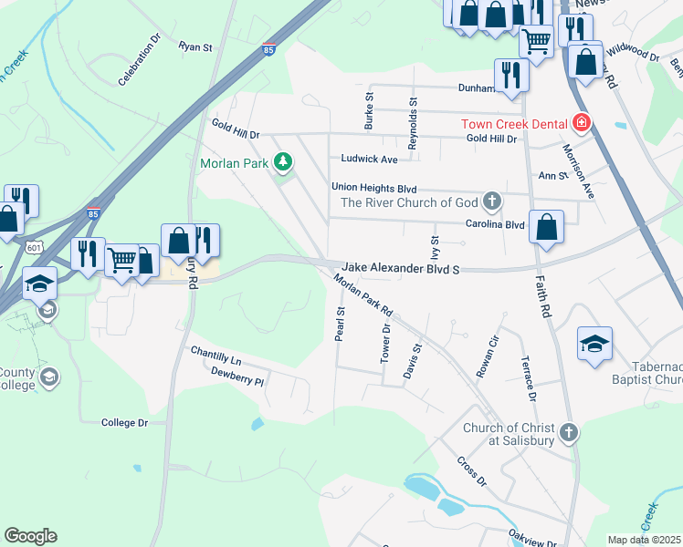 map of restaurants, bars, coffee shops, grocery stores, and more near 442 Morlan Park Road in Salisbury