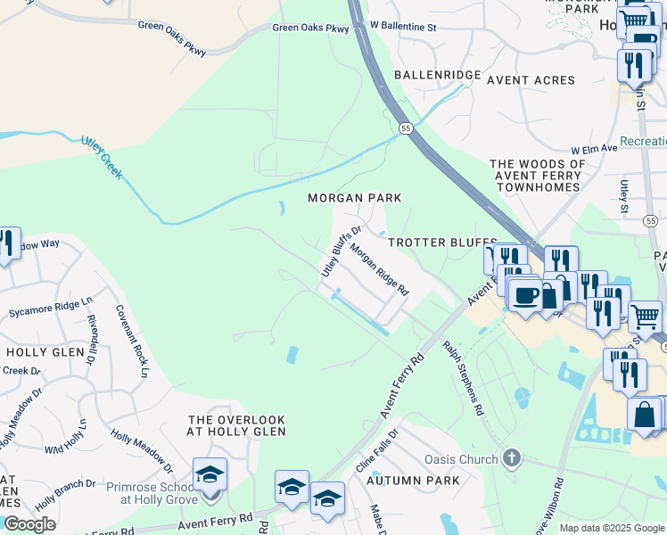 map of restaurants, bars, coffee shops, grocery stores, and more near 165 Martingale Drive in Holly Springs