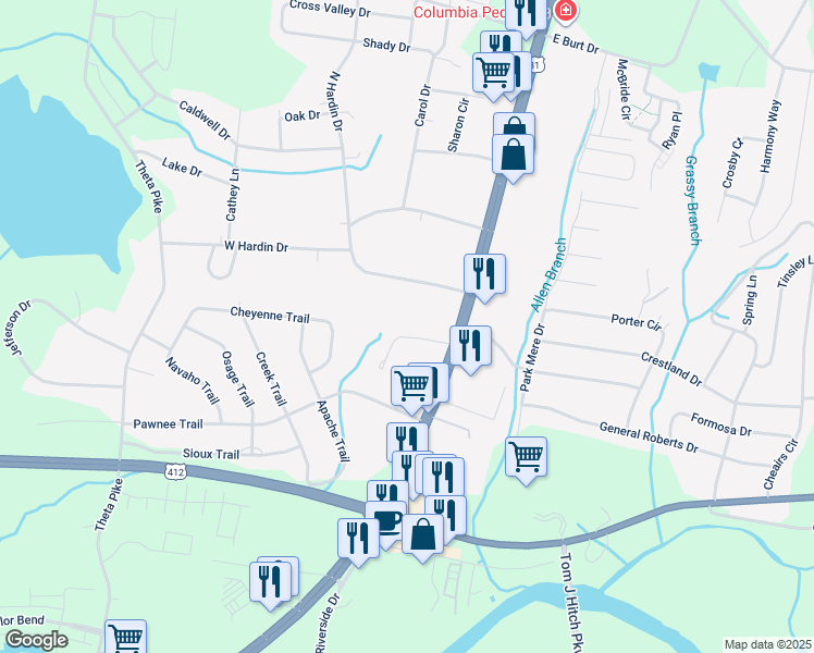map of restaurants, bars, coffee shops, grocery stores, and more near 110 Park Circle in Columbia