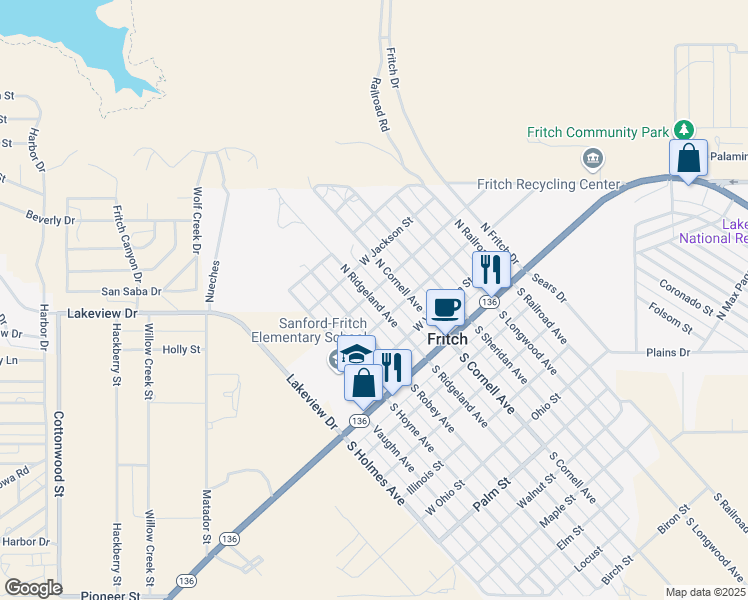 map of restaurants, bars, coffee shops, grocery stores, and more near 308 North Ridgeland Avenue in Fritch