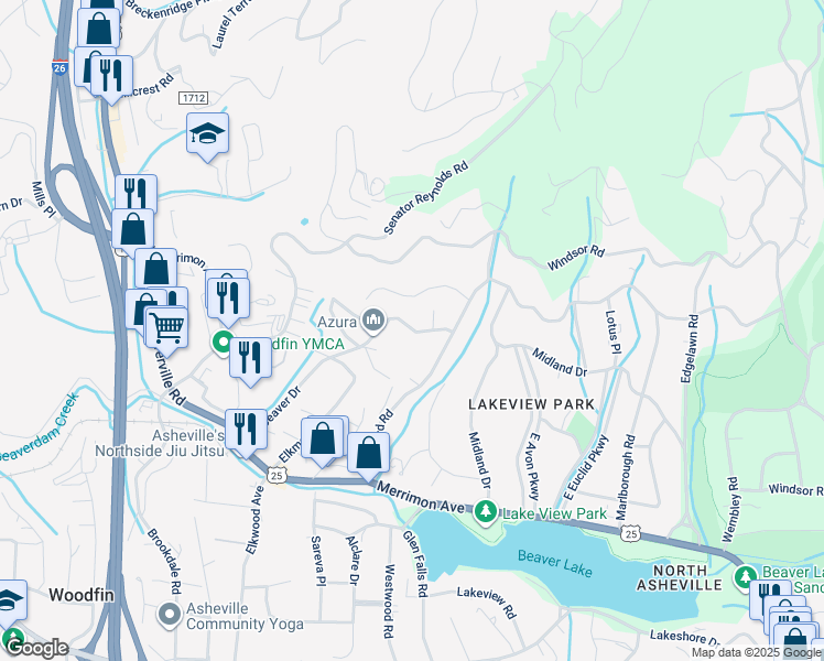 map of restaurants, bars, coffee shops, grocery stores, and more near 8 Mayfield Road in Asheville