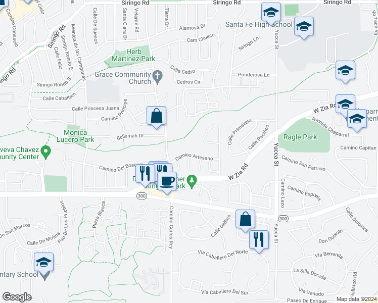 map of restaurants, bars, coffee shops, grocery stores, and more near 2330 Camino Rancho Siringo in Santa Fe