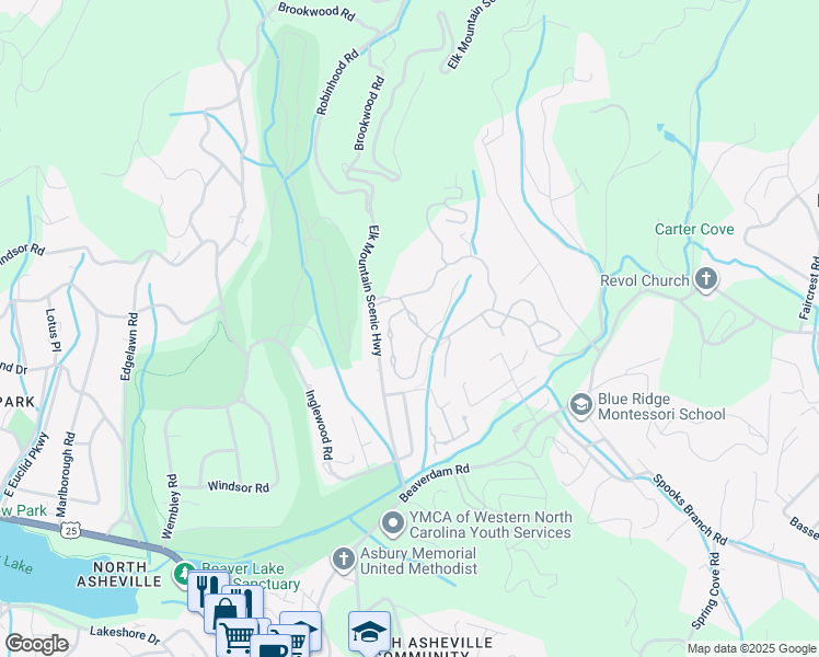 map of restaurants, bars, coffee shops, grocery stores, and more near 45 French Willow Drive in Asheville