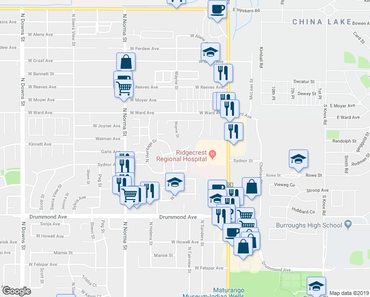 map of restaurants, bars, coffee shops, grocery stores, and more near 239 West Cobblestone Lane in Ridgecrest