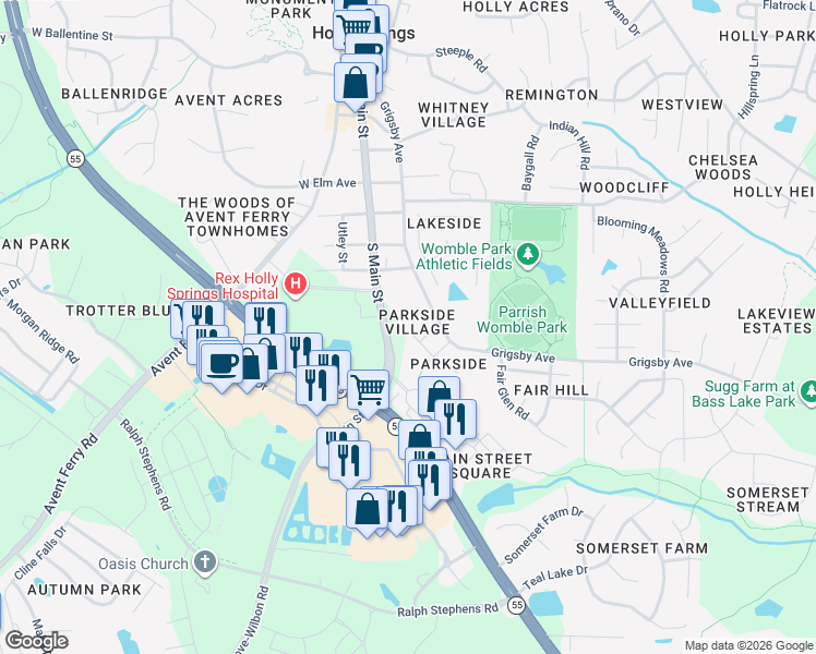 map of restaurants, bars, coffee shops, grocery stores, and more near 125 Occidental Drive in Holly Springs