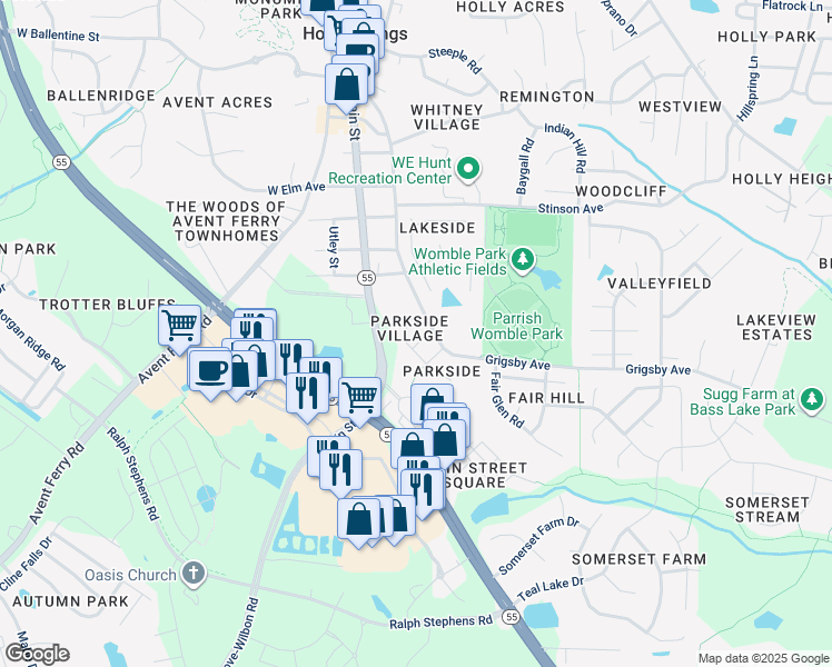 map of restaurants, bars, coffee shops, grocery stores, and more near 104 Ogletown Court in Holly Springs