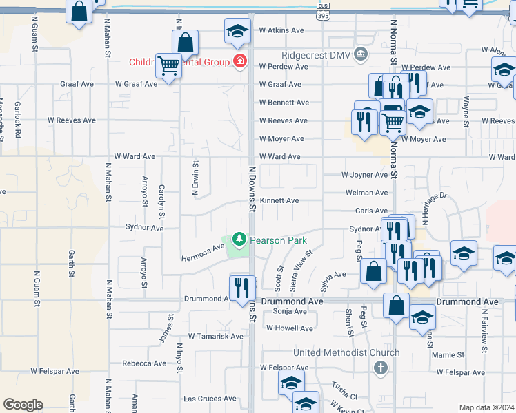 map of restaurants, bars, coffee shops, grocery stores, and more near 1123 Randall Street in Ridgecrest