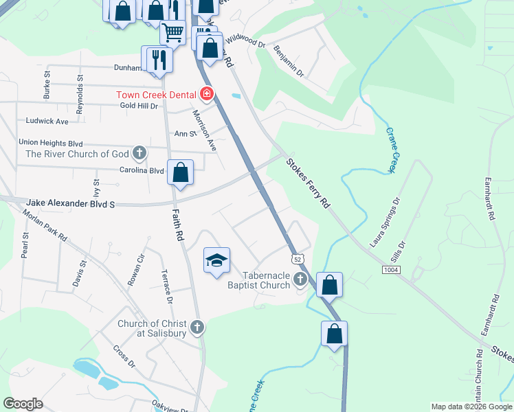 map of restaurants, bars, coffee shops, grocery stores, and more near 2303 East Innes Street in Salisbury