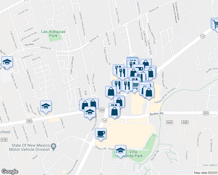 map of restaurants, bars, coffee shops, grocery stores, and more near 4075 Cerrillos Road in Santa Fe