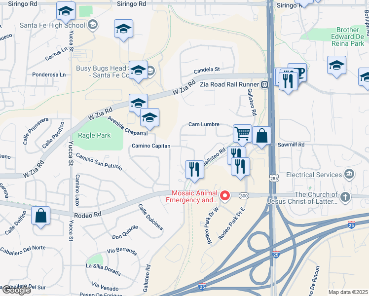 map of restaurants, bars, coffee shops, grocery stores, and more near 2716 Galisteo Court in Santa Fe