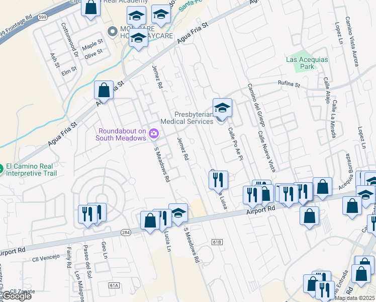 map of restaurants, bars, coffee shops, grocery stores, and more near 3129 Jemez Road in Santa Fe