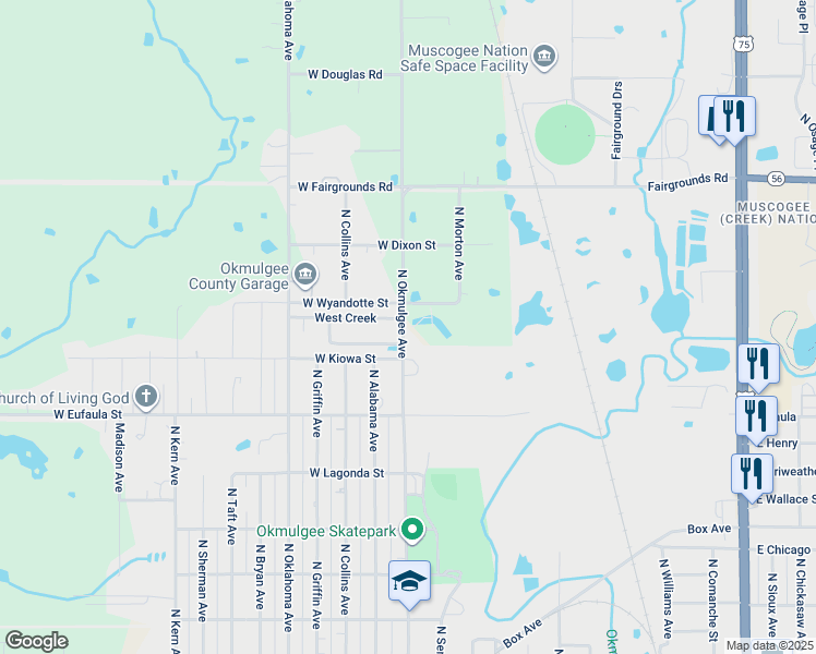 map of restaurants, bars, coffee shops, grocery stores, and more near 1551 North Oklahoma Avenue in Okmulgee