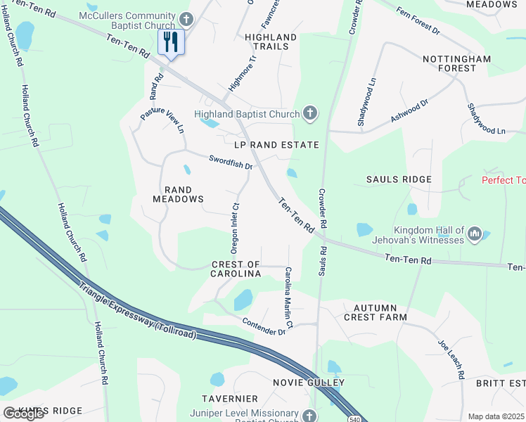 map of restaurants, bars, coffee shops, grocery stores, and more near 10100 Ten-Ten Road in Raleigh