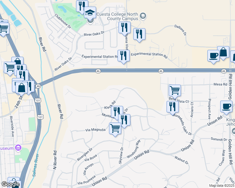 map of restaurants, bars, coffee shops, grocery stores, and more near 1926 Kleck Road in Paso Robles
