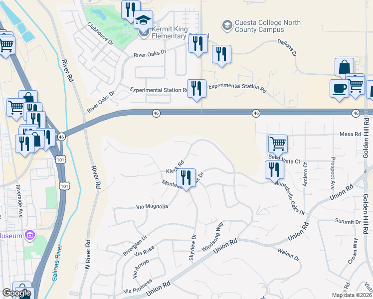 map of restaurants, bars, coffee shops, grocery stores, and more near 1926 Kleck Road in Paso Robles