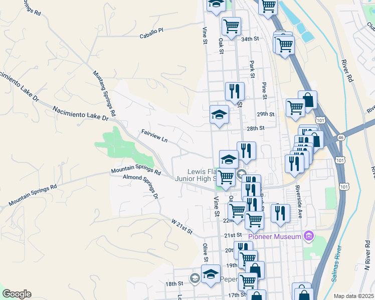 map of restaurants, bars, coffee shops, grocery stores, and more near 325 Fairview Lane in Paso Robles