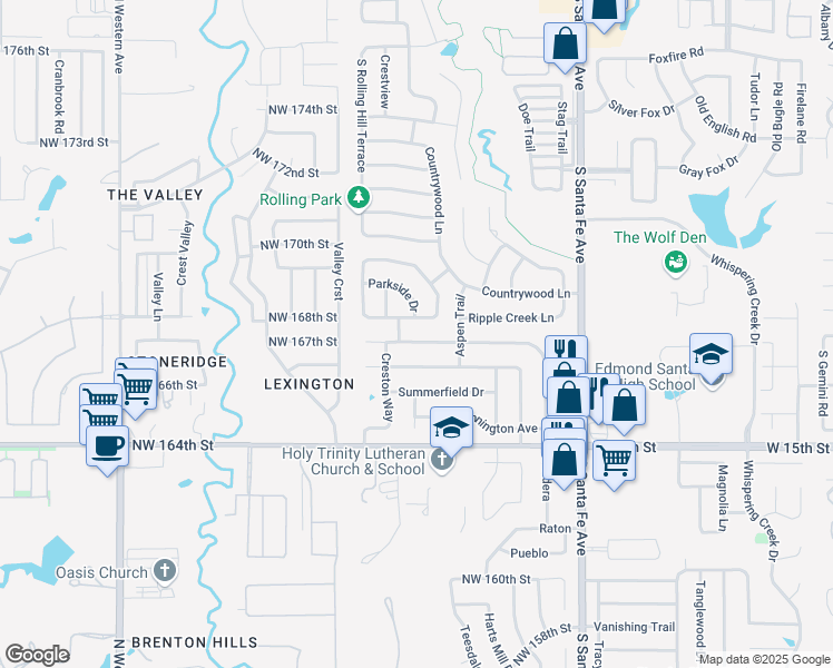 map of restaurants, bars, coffee shops, grocery stores, and more near 2801 Fairfield Drive in Edmond