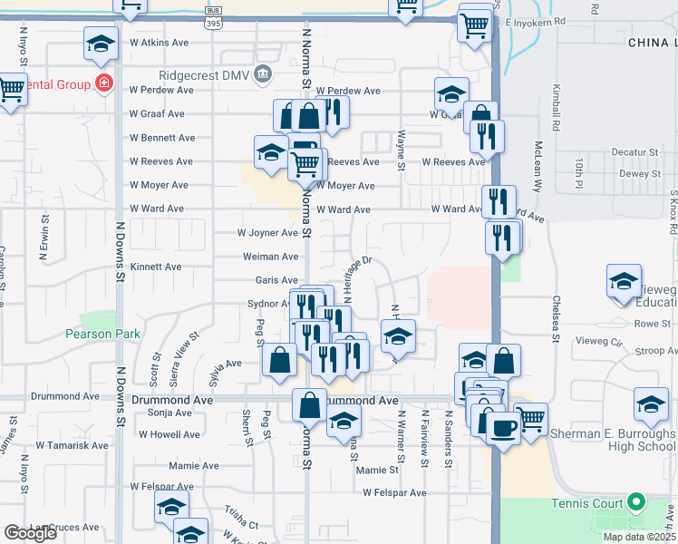 map of restaurants, bars, coffee shops, grocery stores, and more near 401 Heritage Place in Ridgecrest