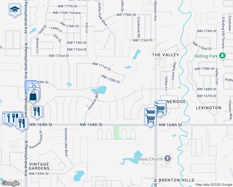 map of restaurants, bars, coffee shops, grocery stores, and more near 16901 Bradbury Circle in Edmond