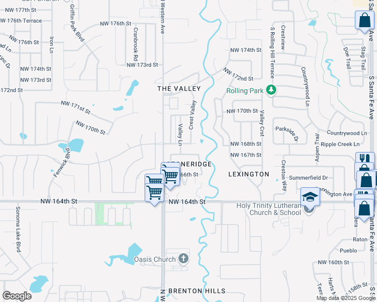 map of restaurants, bars, coffee shops, grocery stores, and more near 1017 Northwest 167th Street in Edmond