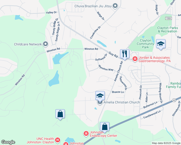 map of restaurants, bars, coffee shops, grocery stores, and more near 2033 Olive Tree Lane in Clayton