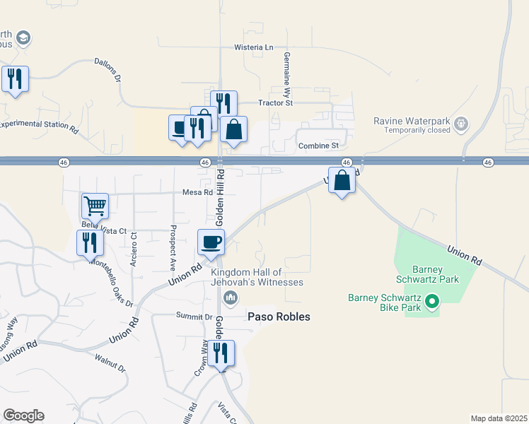 map of restaurants, bars, coffee shops, grocery stores, and more near 2916 Union Road in Paso Robles