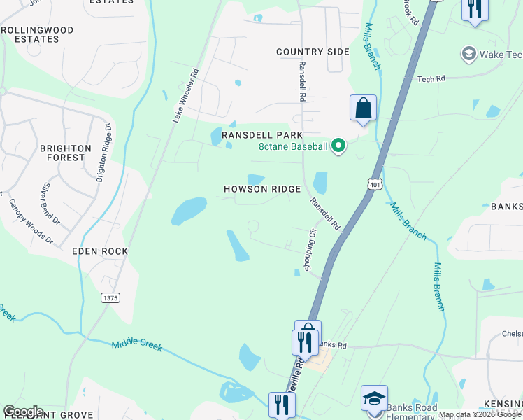 map of restaurants, bars, coffee shops, grocery stores, and more near 2029 Howson Road in Raleigh