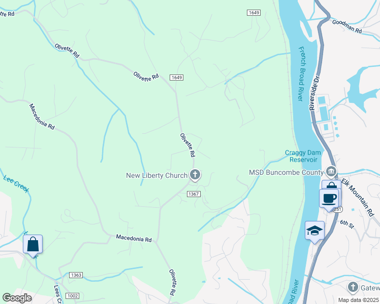 map of restaurants, bars, coffee shops, grocery stores, and more near 102 Wild Goose Way in Asheville