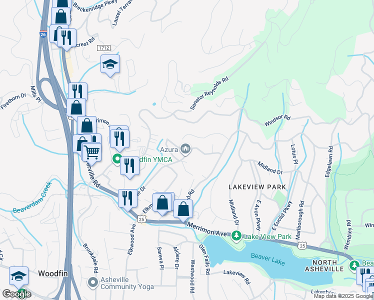 map of restaurants, bars, coffee shops, grocery stores, and more near 19 Mayfield Road in Asheville