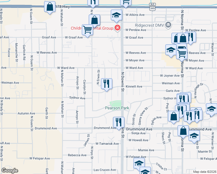 map of restaurants, bars, coffee shops, grocery stores, and more near 1001 Kinnett Avenue in Ridgecrest