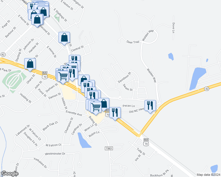 map of restaurants, bars, coffee shops, grocery stores, and more near 56 Bent Branch Loop Road in Clayton