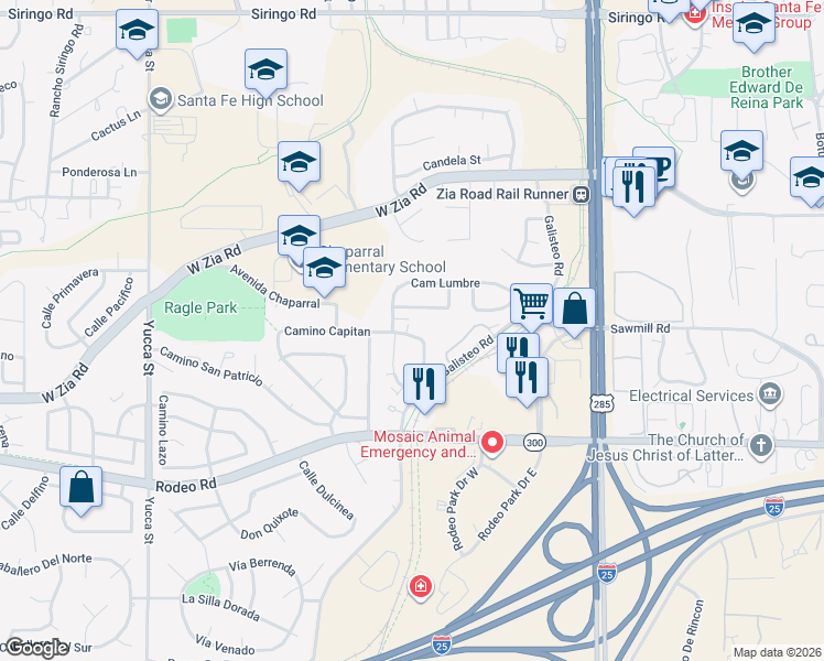 map of restaurants, bars, coffee shops, grocery stores, and more near 2373 Camino Capitan in Santa Fe