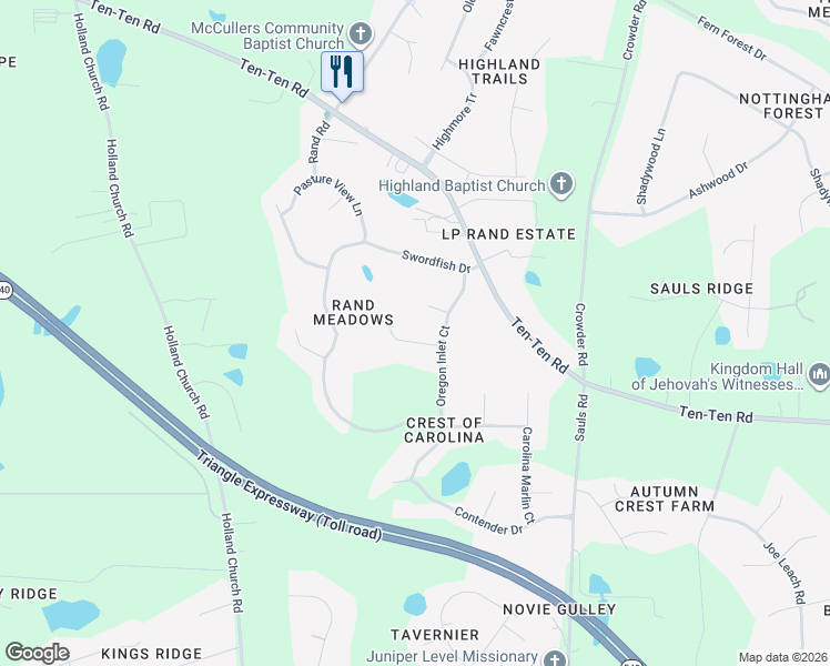 map of restaurants, bars, coffee shops, grocery stores, and more near 4713 Sandy Bay Circle in Raleigh