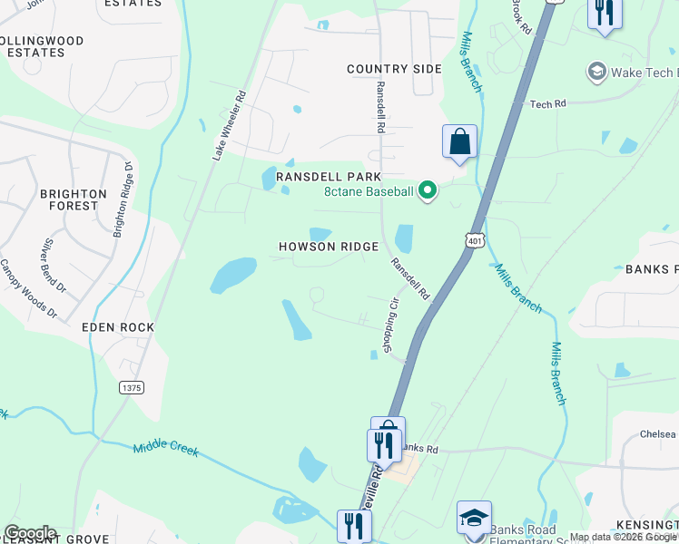 map of restaurants, bars, coffee shops, grocery stores, and more near 2029 Howson Road in Raleigh