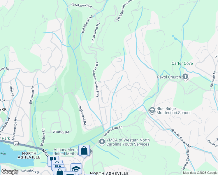 map of restaurants, bars, coffee shops, grocery stores, and more near 87 Chantilly Drive in Asheville