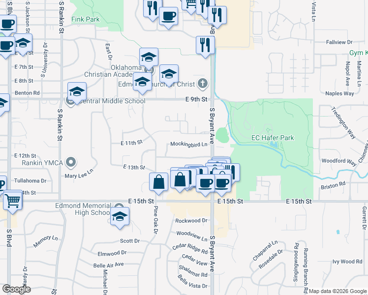 map of restaurants, bars, coffee shops, grocery stores, and more near 1309 Briarwood Drive in Edmond