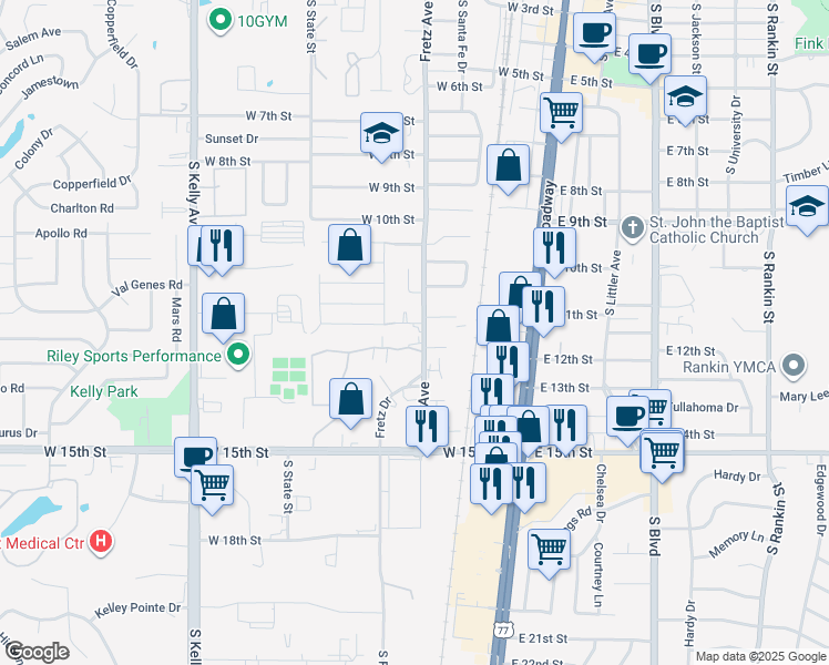 map of restaurants, bars, coffee shops, grocery stores, and more near 21 Jeffrey Baldwin Waner Road in Edmond